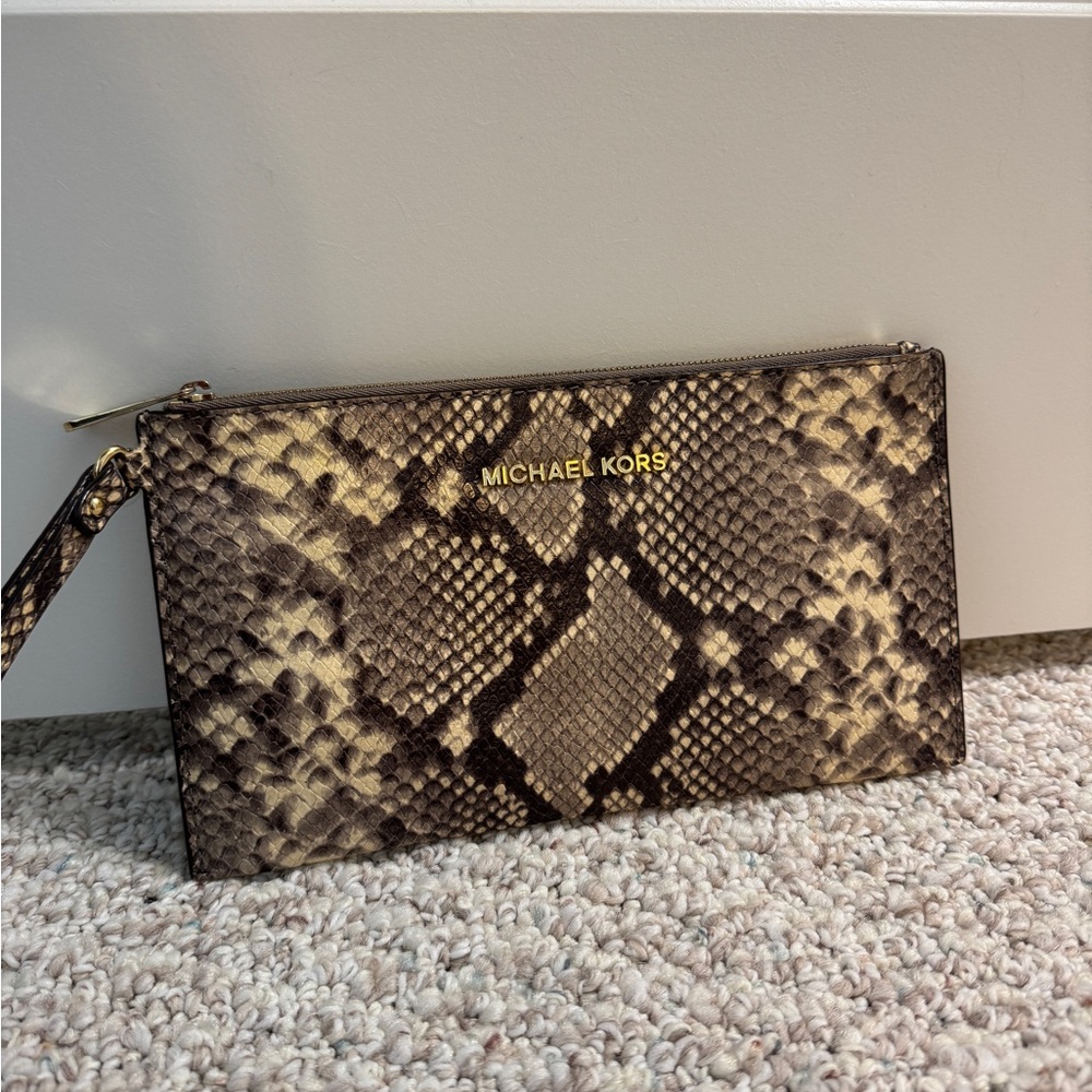 Brown Snake Print Leather Wristlet